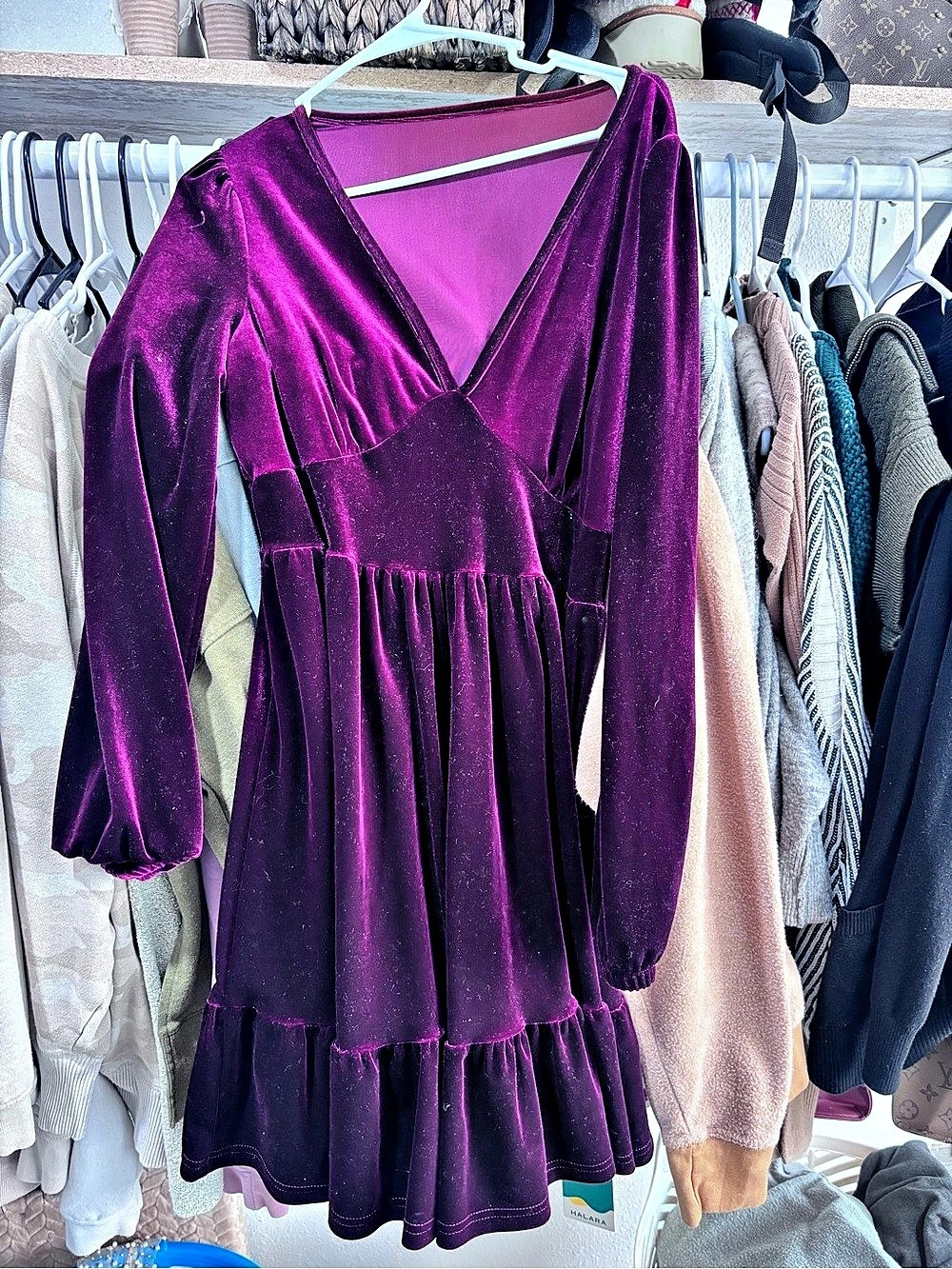Halara Everyday Deep V Neck Long Sleeve Ruffled Hem Velvet Mini Chill Dress